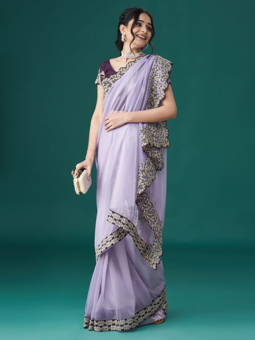 Lavender Floral Embroidered Organza Sarees NEW
