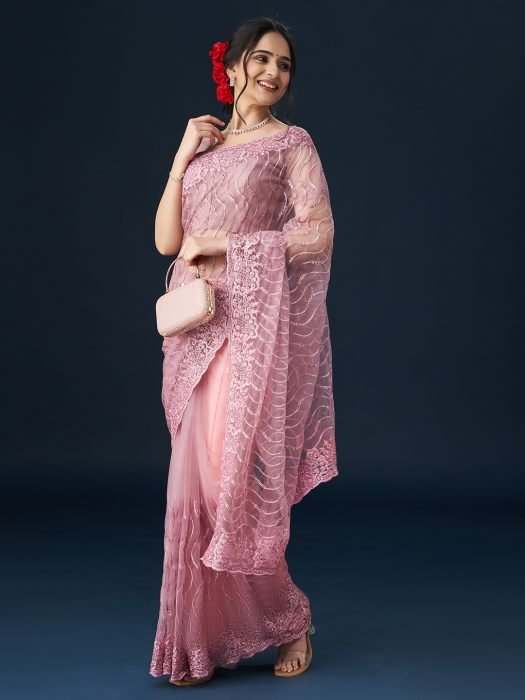 Lavender Floral Embroidered Saree net saree