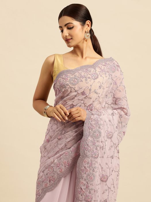 Lavender Floral Embroidered Zari Work Silk Cotton Saree silk saree