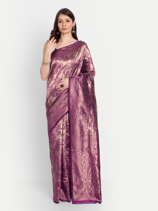 Magenta   Gold Toned Floral Zari Silk Blend Saree printed saree