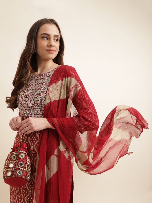 Maroon Cotton Blend Embroidered And Printed Work Kurta With Plaza And Dupatta  Salwar Suits