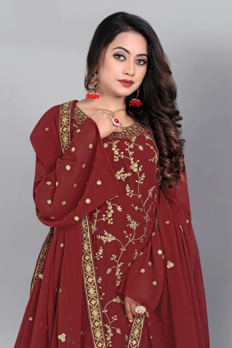 Maroon Floral Embroidered Sequinned Semi Stitched Kurta With Plazzo  And Dupatta  summer suits