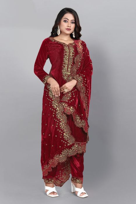 Maroon Floral Yoke Design Embroidered Sequinned Semi Stitched Kurta With Palazzos   Dupatta velvet suits