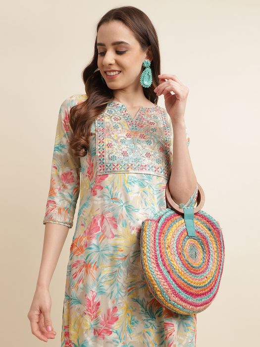 Multi colour Printed Regular Sequinned Kurta with Trousers Salwar Suits