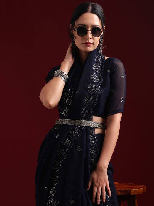 Navy Blue Embellished Sequinned Poly Georgette Saree blue sarees