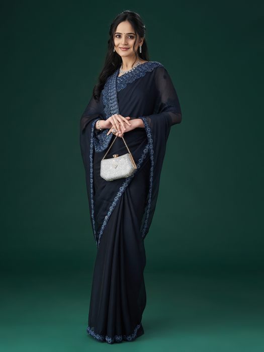 Navy blue Floral Embroidered Sarees