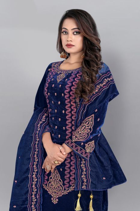 Navy Blue Floral Embroidered Work Semi Stitched Kurta With Plazzo And Dupatta semi stitched