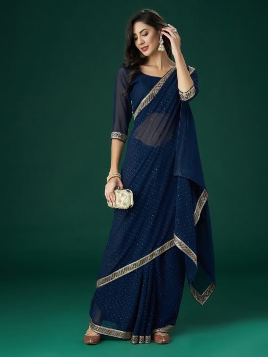 Navy blue Polka Dots Embroidered Zari Saree festive saree