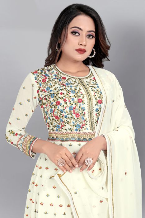 Off White Floral Embroidered Work Sequinned Semi Stitched Kurta With Plazzo And Dupatta anarkali suits