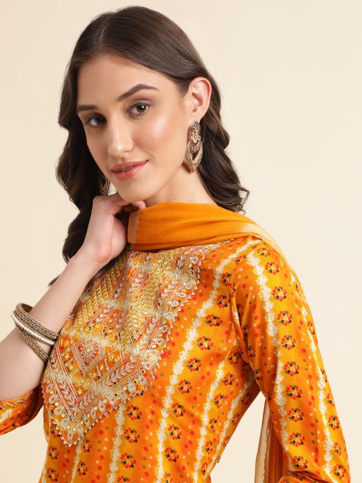 Orange And Beige Ethnic Motifs Embroidered   Printed Thread Work Kurta With Trousers   Dupatta  kurta sets with dupatta