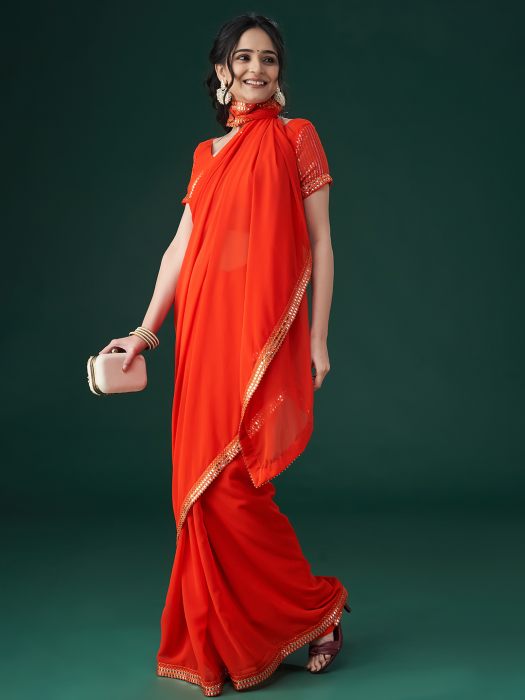 Orange Mirror Work Embroidered Saree festive saree