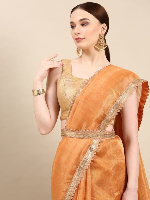 Peach Solid Organza Woven Saree gold sarees