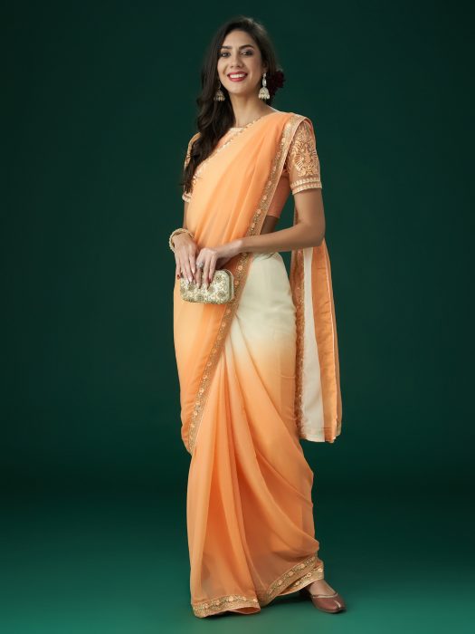 Peach and white Embroidered Sequinned Saree