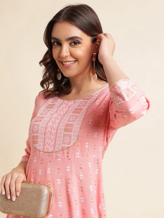 Peach color Cotton Blend Ethnic Embroidered And Printed Work Round Kurta 