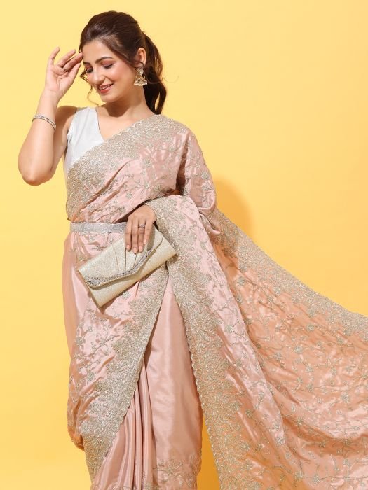 Peach Colour   Silver Toned Floral Sequinned Pure Crepe Heavy Work Saree