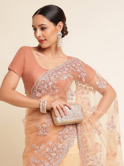 Peach Silver Toned Floral Embroidered Net Saree net saree