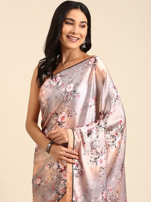 Peach Digital Printed Floral Satin Saree printed saree