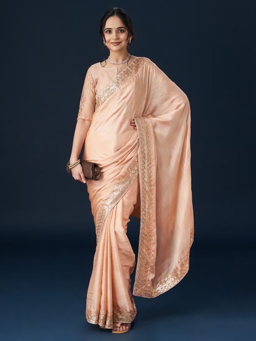 Peach Embellished Satin Sarees wedding saree