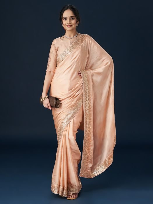 Peach Embellished Satin Sarees satin sarees