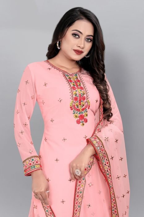  Peach Embroidered Mirror Work Semi Stitched Kurta With Plazzo And Dupatta  semi stitched