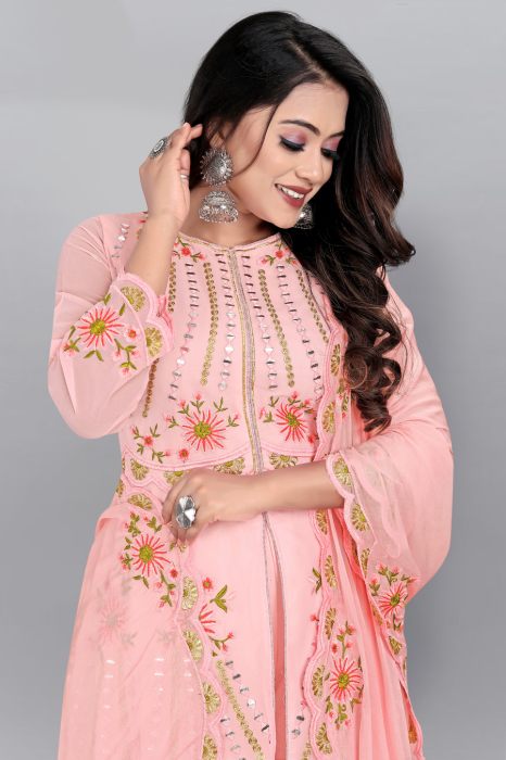 Peach Floral Embroidered Embellished Semi Stitched Kurta With Plazzo And Dupatta Dress Materials