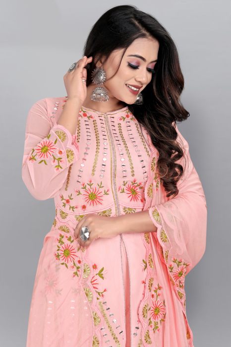 Peach Floral Embroidered Embellished Semi Stitched Kurta With Plazzo And Dupatta semi stitched