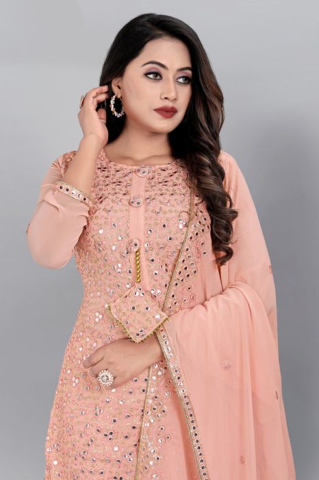 Peach Floral Embroidered Mirror Work Semi Stitched Kurta With Plazzo And Dupatta semi stitched