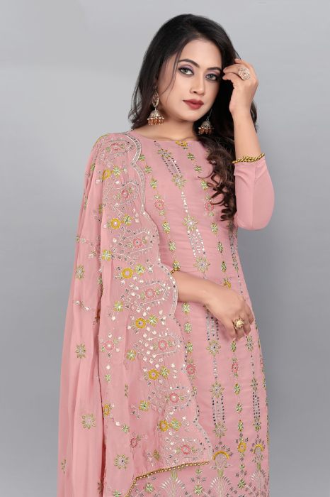 Peach Floral Embroidered Mirror Work Semi Stitched Kurta With Plazzo  And Dupatta  summer suits