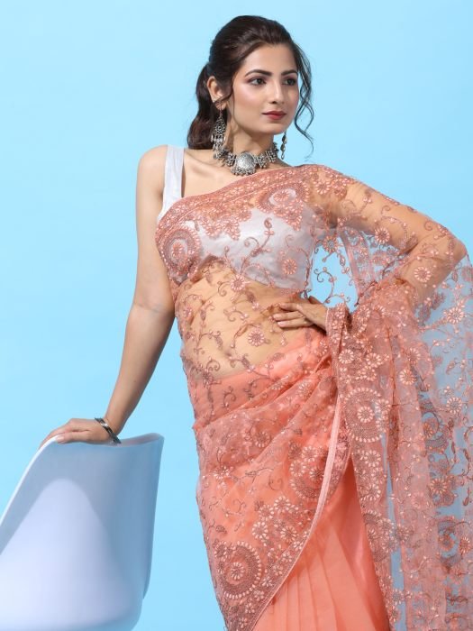 Peach Floral Embroidered Net Saree With Blouse