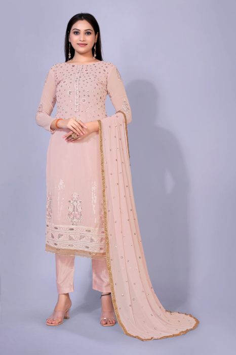 Peach Floral Embroidered Work Semi Stitched Kurta With Plazzo And Dupatta Dress Materials