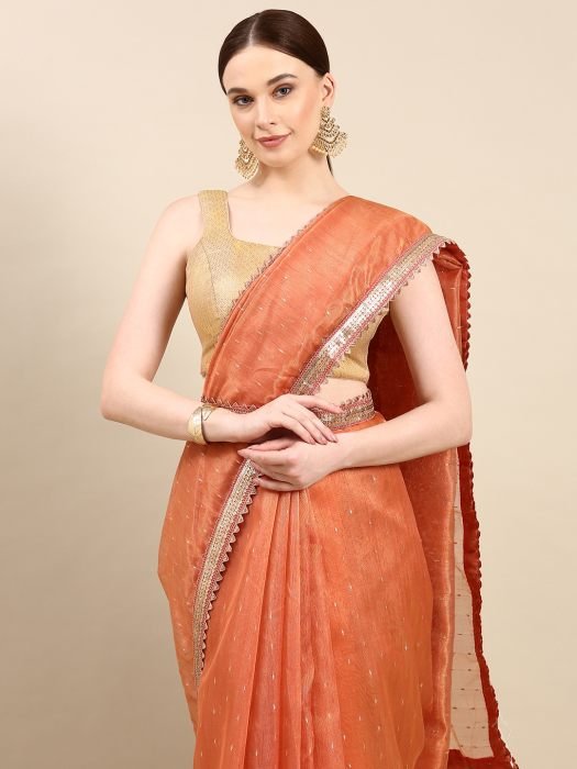 Orange Organza Saree With Sequins Border peach sarees