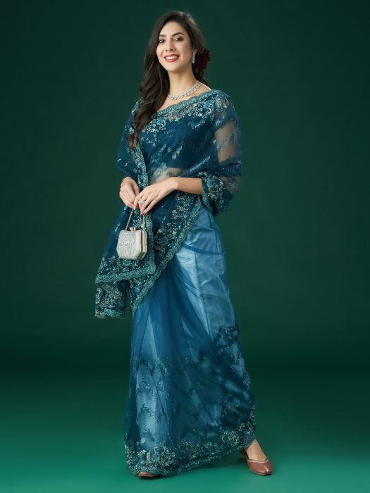 Peacock blue Embellished Net Sarees designer saree