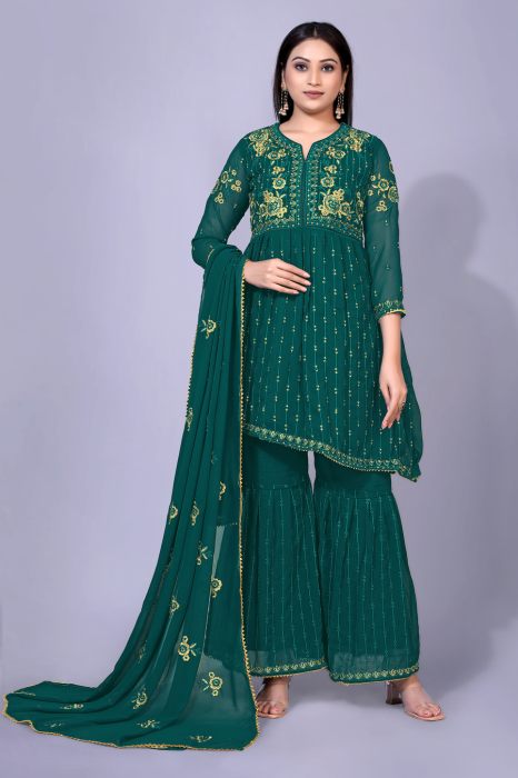 Peacock Blue Floral Embroidered Work Semi Stitched Kurta With Plazzo And Dupatta  sharara suits