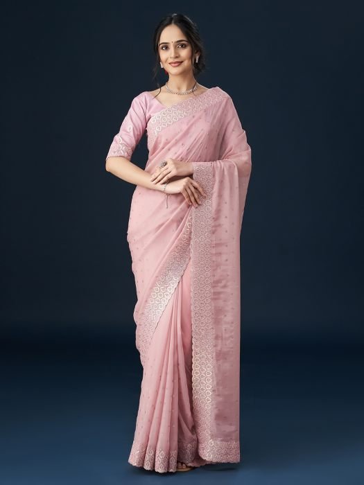 Pink Embellished Embroidered Organza Sequinned Saree embroidered saree