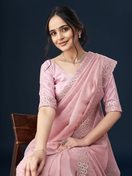 Pink Embellished Embroidered Organza Sequinned Saree embroidered saree