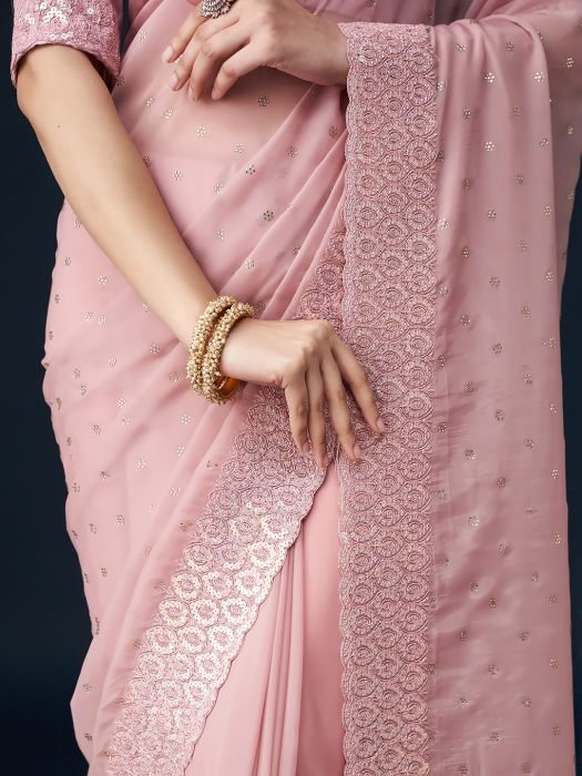 Pink Embellished Embroidered Organza Sequinned Saree embroidered saree