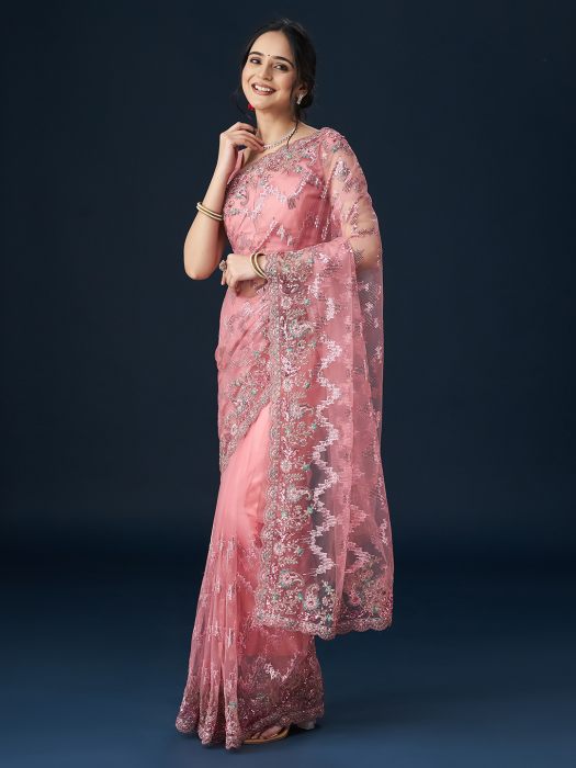 Pink Embellished Net Sarees floral sarees