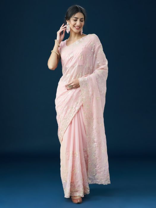 Pink Embellished Sequinned Saree green sarees