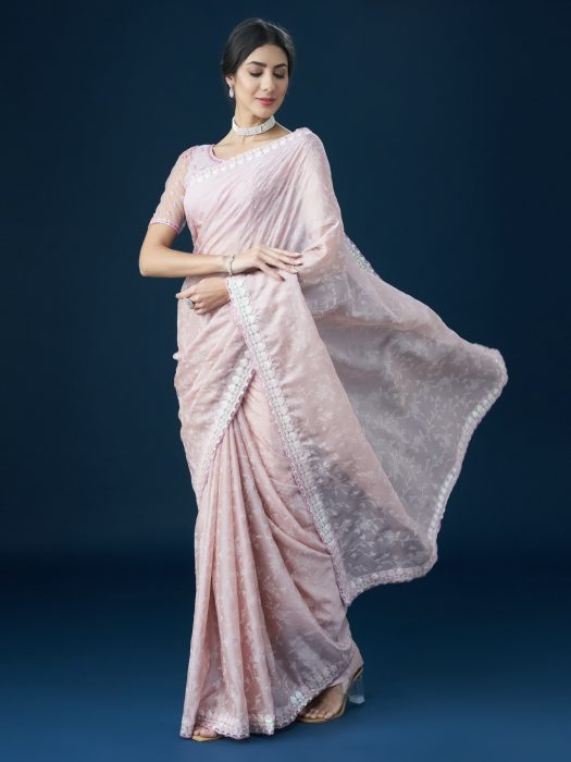 Pink Embellished Sequinned With Printed Saree printed saree