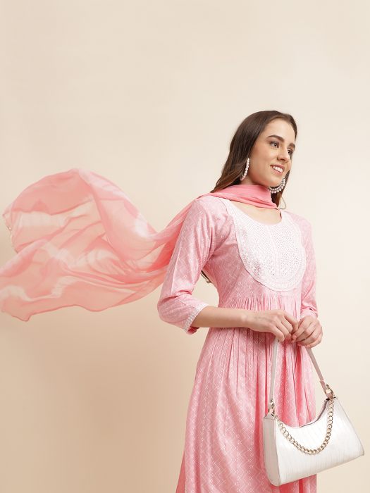 Pink Embroidered A Line Kurta with Trousers   Dupatta Salwar Suits