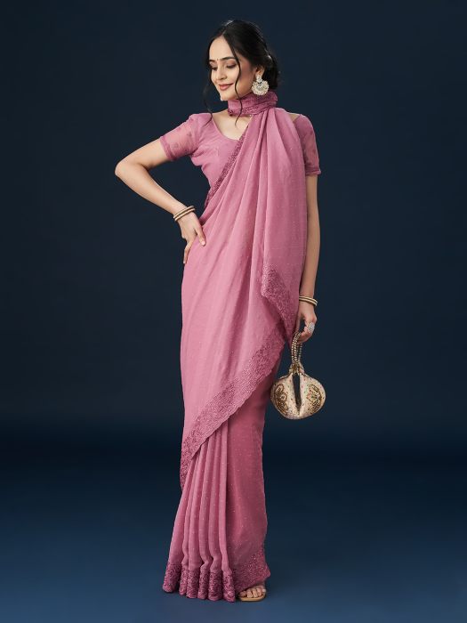 Pink Embroidered Beads and Stones Border Saree pink sarees