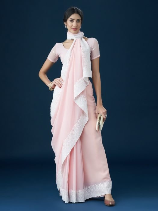 Pink Embroidered Ethnic Motifs Sarees