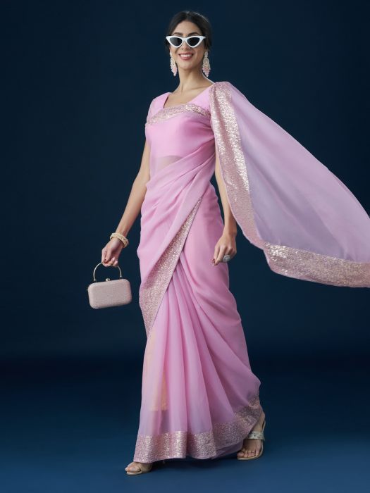 Pink Embroidered Sequinned Sarees pink sarees