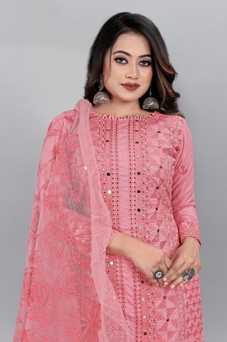 Pink Floral Cotton Blend Embroidered Mirror Work Semi Stitched Kurta Fabric With Plazzo And Dupatta  summer suits