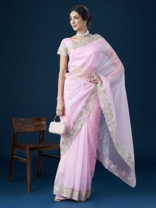 Pink Floral Embroidered Organza Saree pink sarees