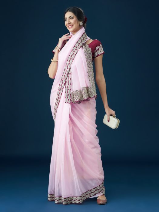 Pink Floral Embroidered Organza Sarees NEW