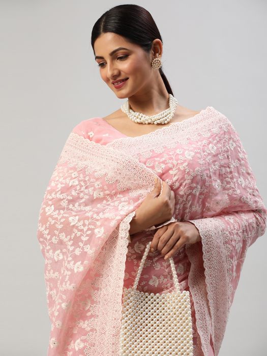 Pink Thread Work Chiffon Designer Saree chiffon sarees