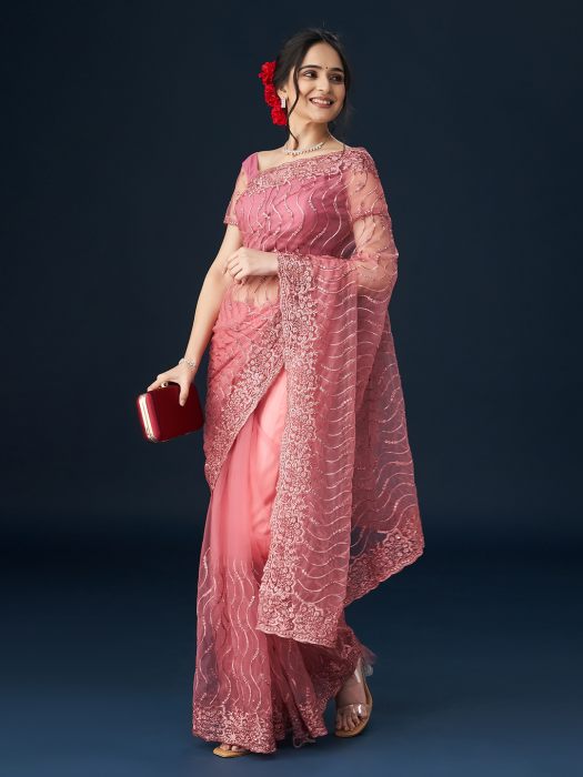 Pink Floral Embroidered Saree net saree