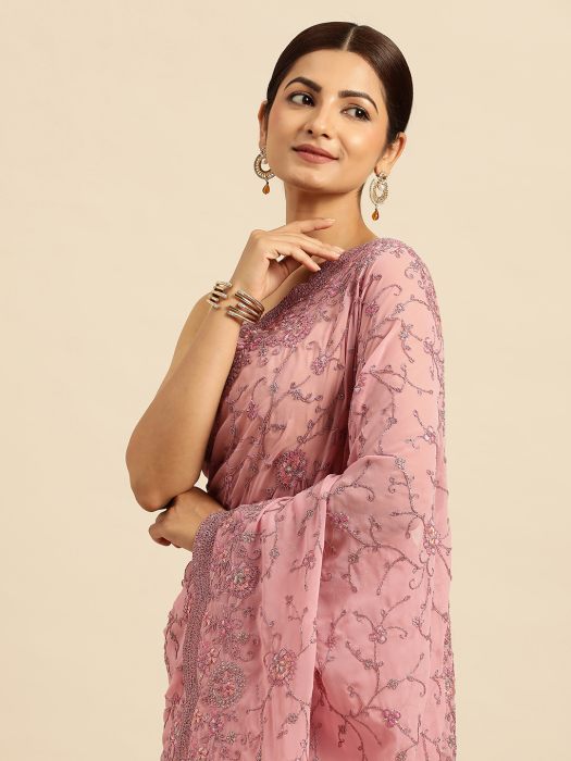Pink Floral Embroidered Zari Work Silk Cotton Saree silk saree