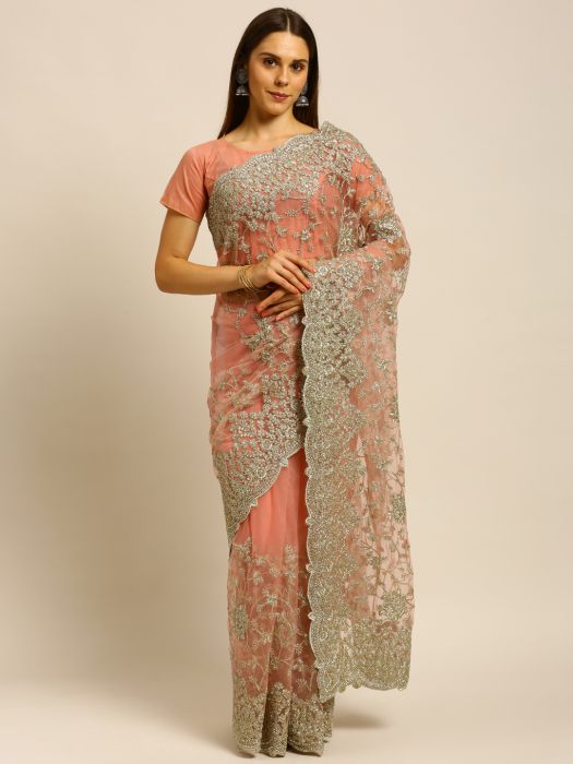 Pink Net Saree With Floral Embroidered And Stone Work net saree